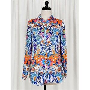 J. McLaughlin Colorful Peacock Garden Print Cotton Button Front Chic Lois Blouse